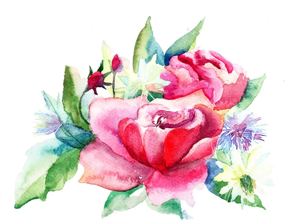 Piękne róże kwiaty, akwarela malarstwo — Zdjęcie stockowe