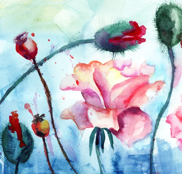 Růže s květy máku, akvarel, malování — Stock fotografie