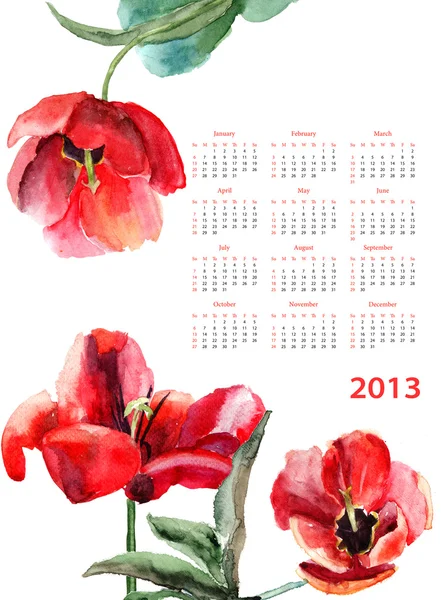 美しいチューリップの花と 2013 年のカレンダー — ストック写真