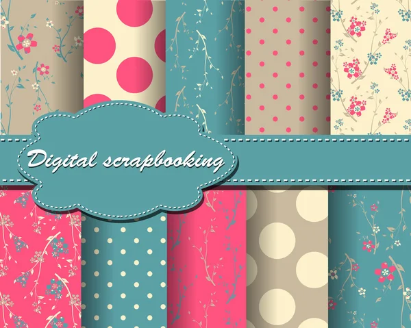 Set of vector flower and polka dot paper for scrapbook — Stock Vector