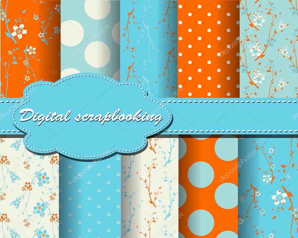 Set of vector flower and polka dot paper for scrapbook
