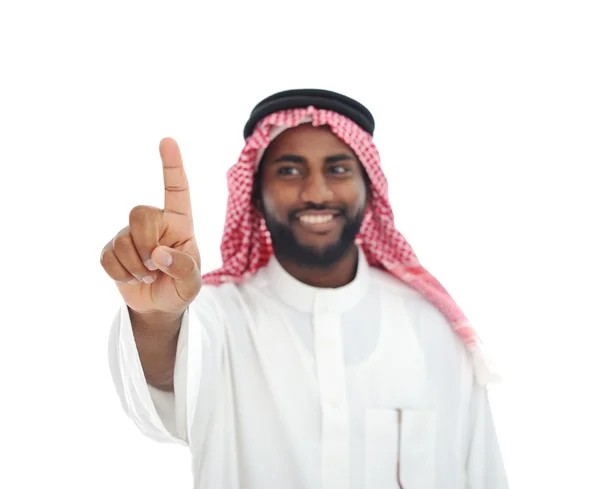 Uomo africano arabo con dito sullo schermo pronto per la tua messa — Foto Stock