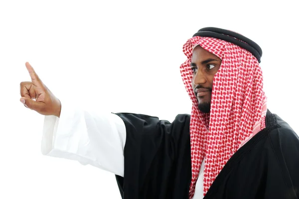 Arabischer Scheich drückt abstrakten Knopf - Platz für Ihre Nachricht — Stockfoto