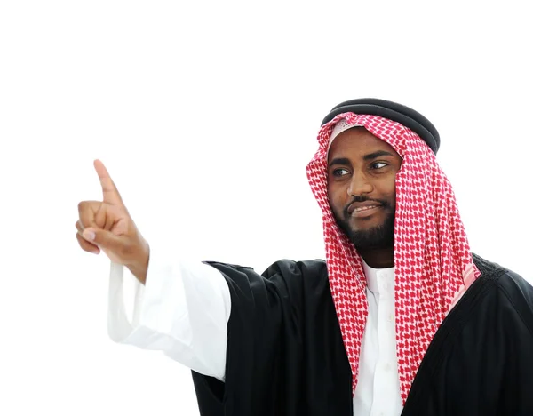Arabe Sheikh appuyant sur le bouton abstrait - place pour votre message — Photo