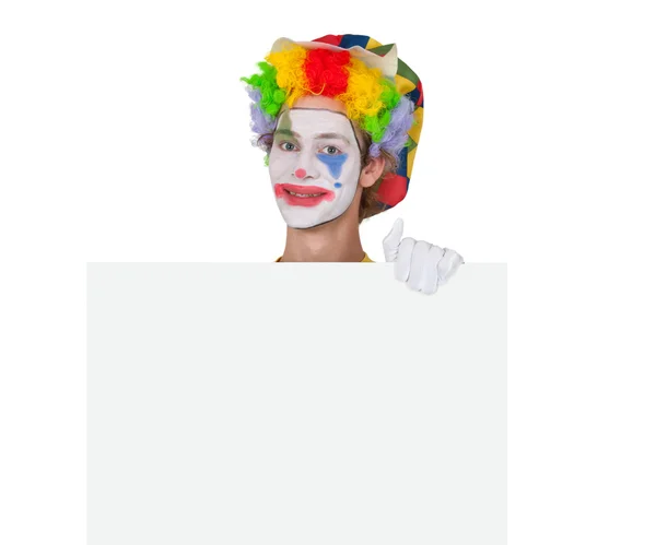 Reclame clown met billboard — Stockfoto
