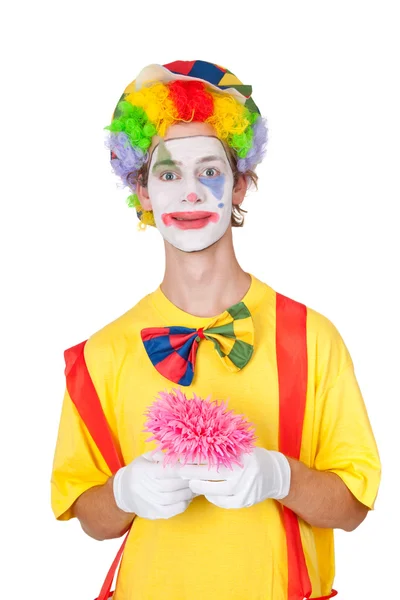 Clown holding pink flower — Stock Photo, Image