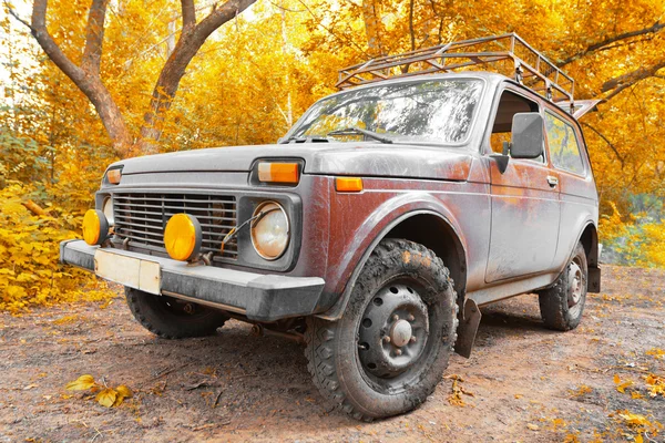Offroad vehicle in autumn forest — Stock Photo, Image