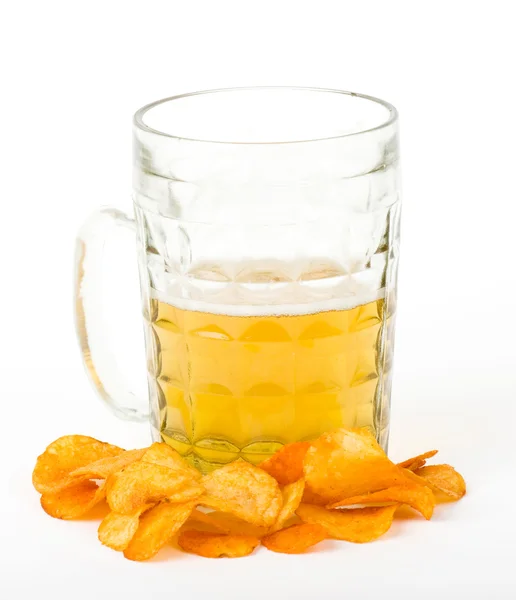 Beer and potato chips isolated on a white — Stock Photo, Image
