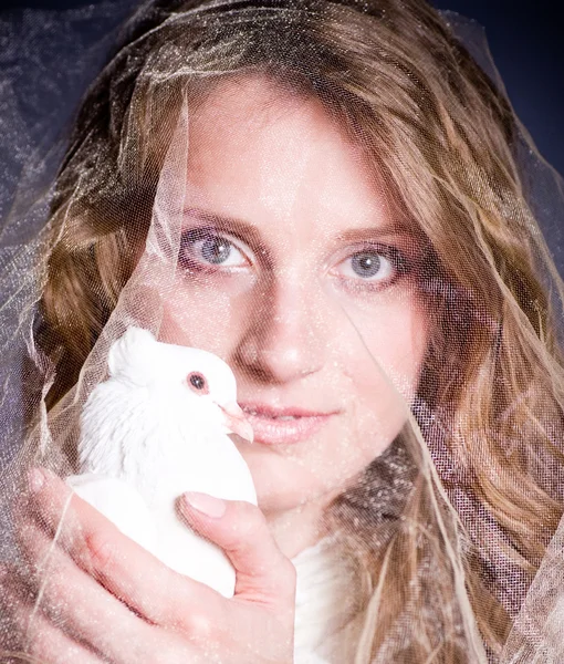 stock image Beautiful woman with white dove on dark background