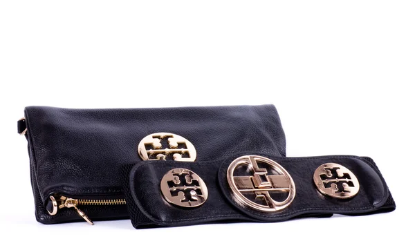Fashionable handbag and belt on white background — Stock Photo, Image