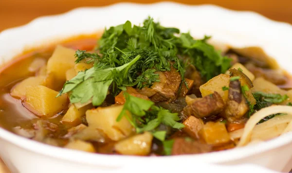 stock image Close up of soup lagman decorated with greens