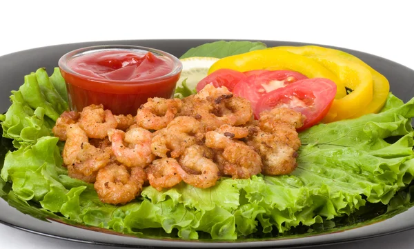 Tasty fried prawn food with vegetables and sauce — Stock Photo, Image