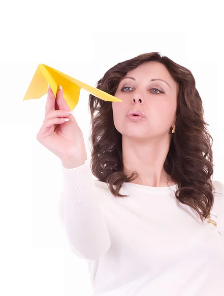 Beautiful young woman with paper airplanes — Stock Photo, Image