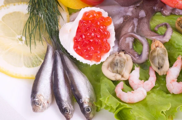 Красная икра и сырой коктейль из морепродуктов — стоковое фото