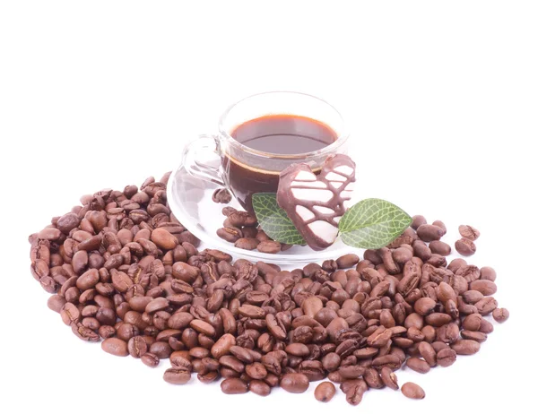 Tasse Kaffee auf Kaffeebohnen auf weißem Hintergrund — Stockfoto