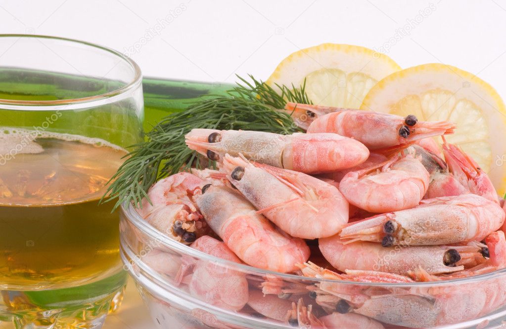 Tasty cooked shrimp with beer