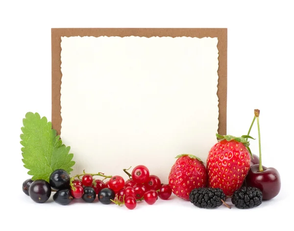 Fresh berry mix with banner on white background — Stock Photo, Image