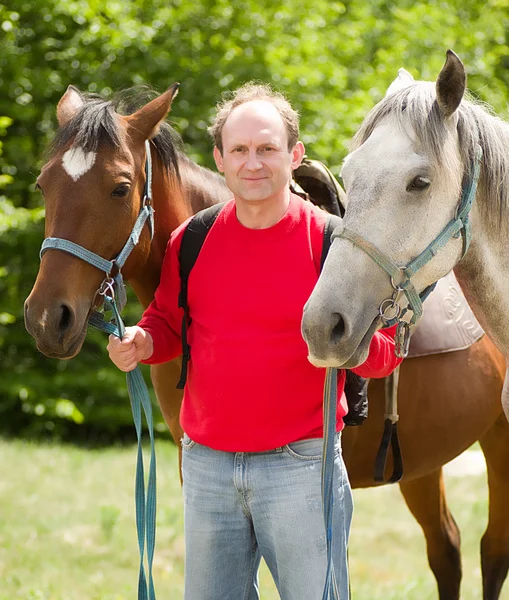 Handsome smiling man with horse in the forest — Stock Photo, Image