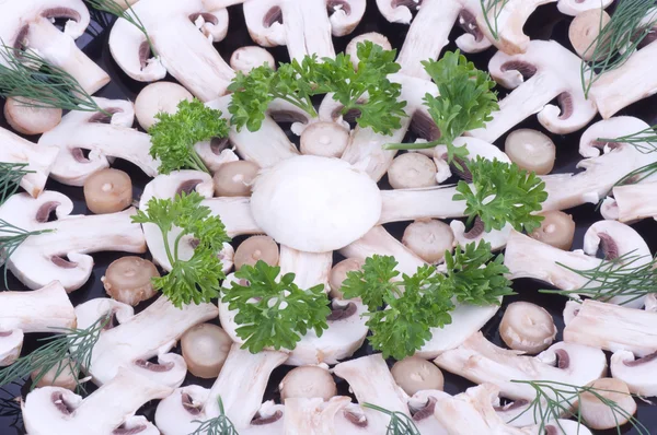 Cogumelos frescos champignon e salsa verde — Fotografia de Stock
