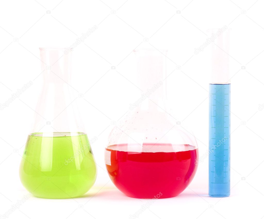 Glass laboratory equipment for science research on white background