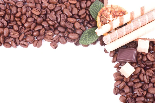 Kaffeebohnen und Zimt mit Papierbanner — Stockfoto