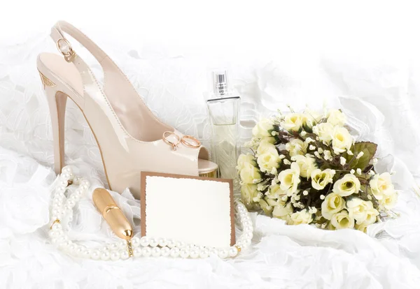 The beautiful bridal shoes, lace with banner add — Stock Photo, Image