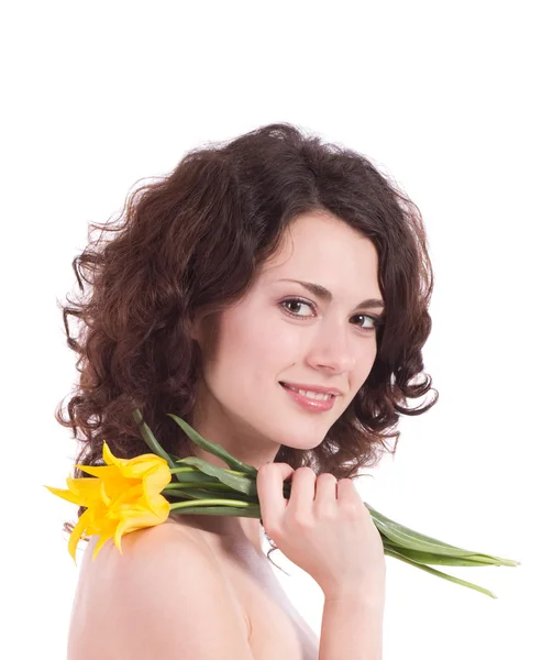 Beautiful woman portrait with yellow flower — Stock Photo, Image