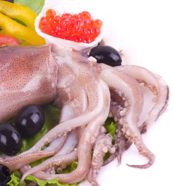 Raw squid with vegetables and red caviar on the white background clipart