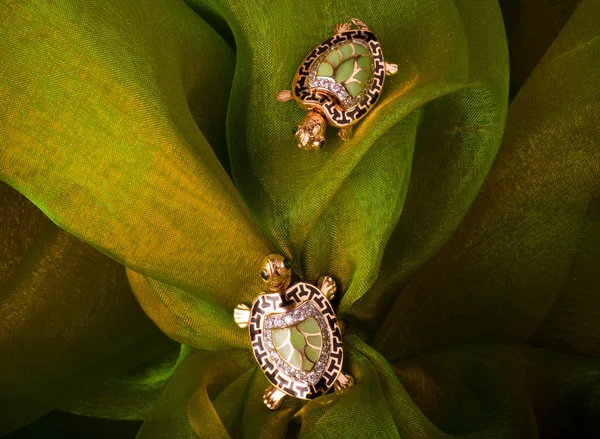 Beautiful golden tortoises on green background — Stock Photo, Image