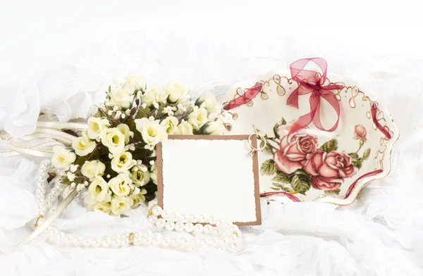 Mooie Bruidssuite bloemen met banner toevoegen — Stockfoto