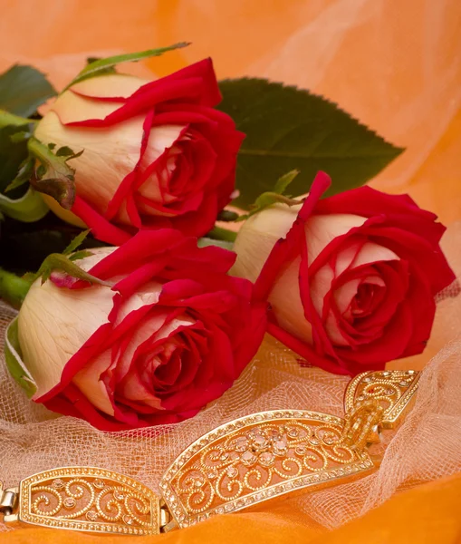 Schöne rote Rosen mit Armband — Stockfoto