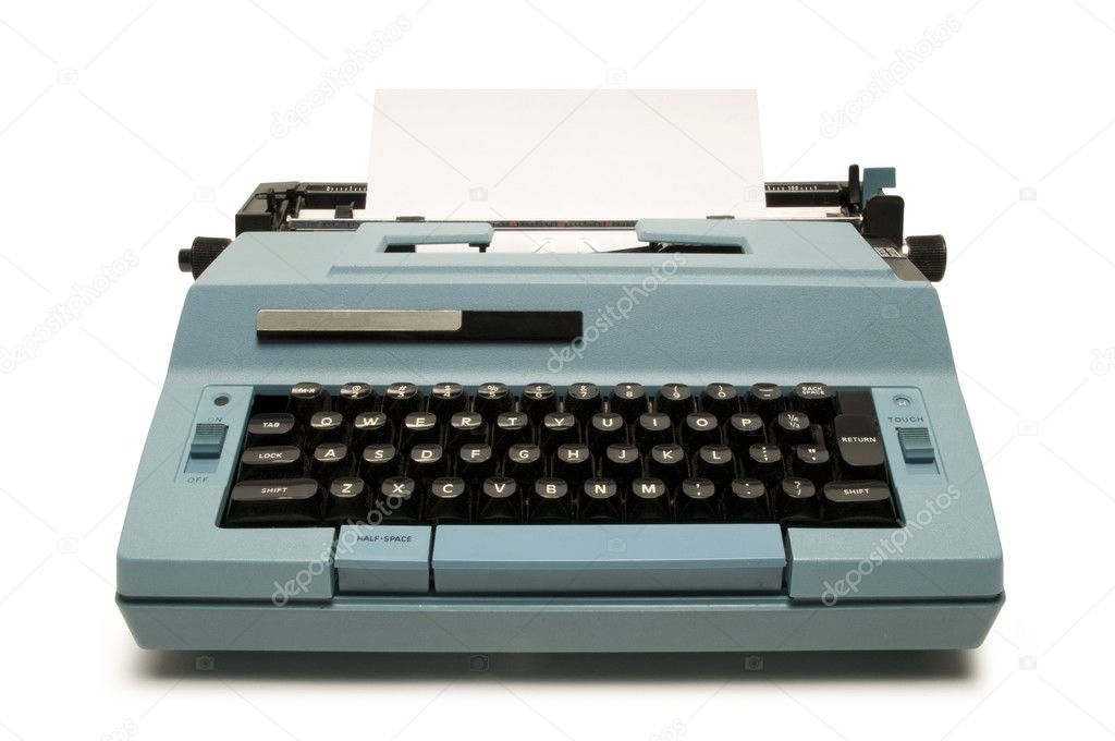 Blue electric typewriter on white