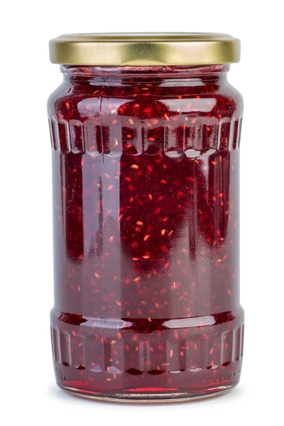 Glass jar with raspberry jam — Stock Photo, Image