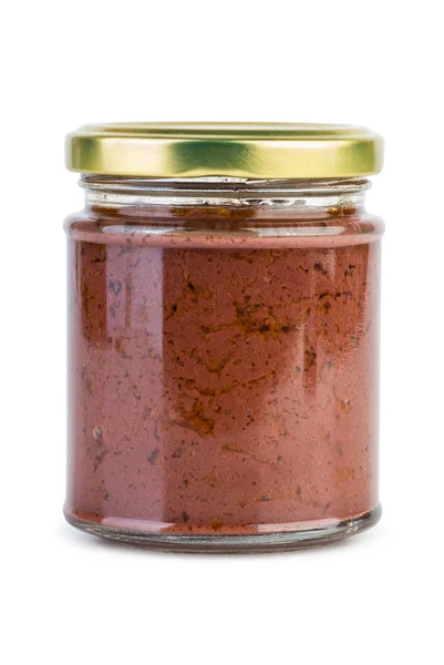 Frasco de vidro com pasta de azeitonas vermelhas (Calamata ) — Fotografia de Stock
