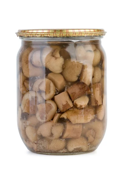 Glass jar with marinated birch boletuses — Stock Photo, Image