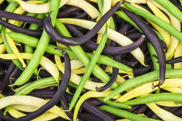 Abstract background: mix of green, yellow and black wax beans — Stock Photo, Image