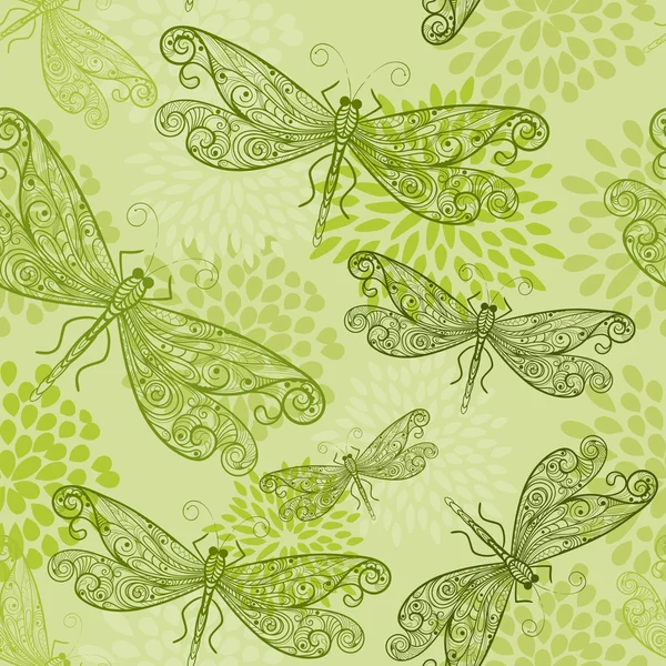 Векторный бесшовный узор с зелеными стрекозами и цветами — стоковый вектор