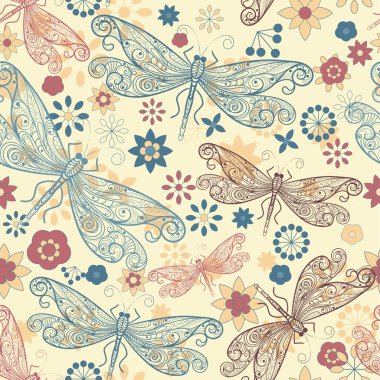 vector seamless pattern with dragonflies and flowers clipart