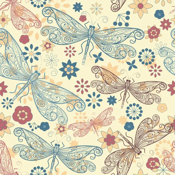 Motif sans couture vectoriel avec libellules et fleurs — Image vectorielle
