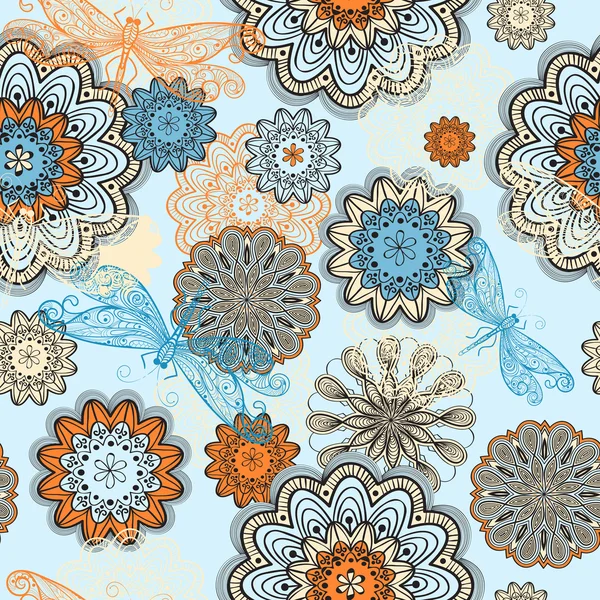Vector patrón abstracto sin costuras con flores de garabato y dragón — Archivo Imágenes Vectoriales