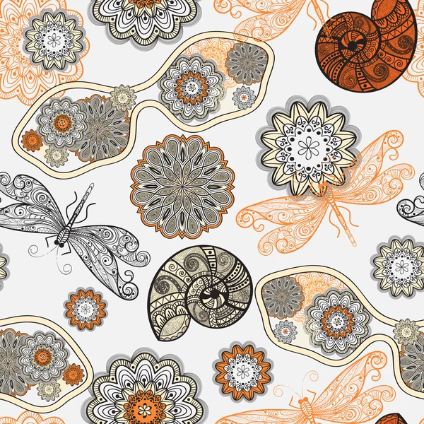Patrón sin costura vector con gafas de sol, flores, conchas, y dra — Archivo Imágenes Vectoriales