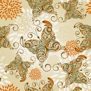 Vector seamless pattern with hand drawn butterflies and abstra clipart