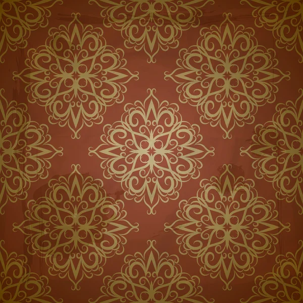 クリュで赤い汚れた背景にシームレスな黄金パターンをベクトル — ストックベクタ