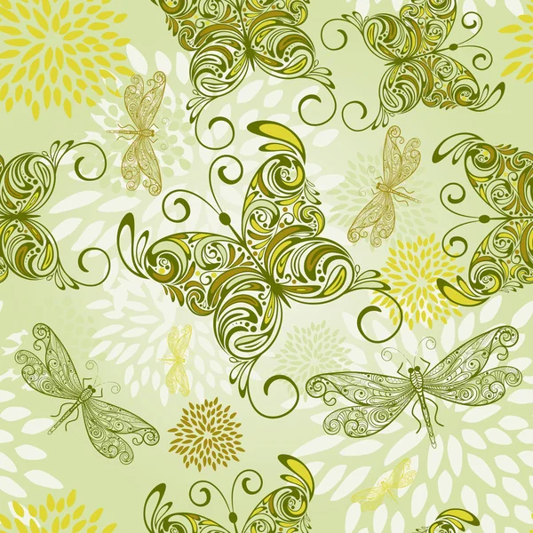 Vector seamless pattern with butterflies, dragonflies, and abstr — Stock Vector