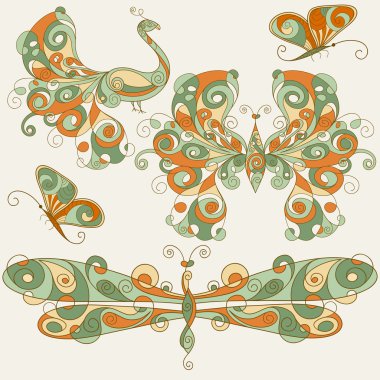 vector stylized dragonfly, butterflies, and peacock clipart
