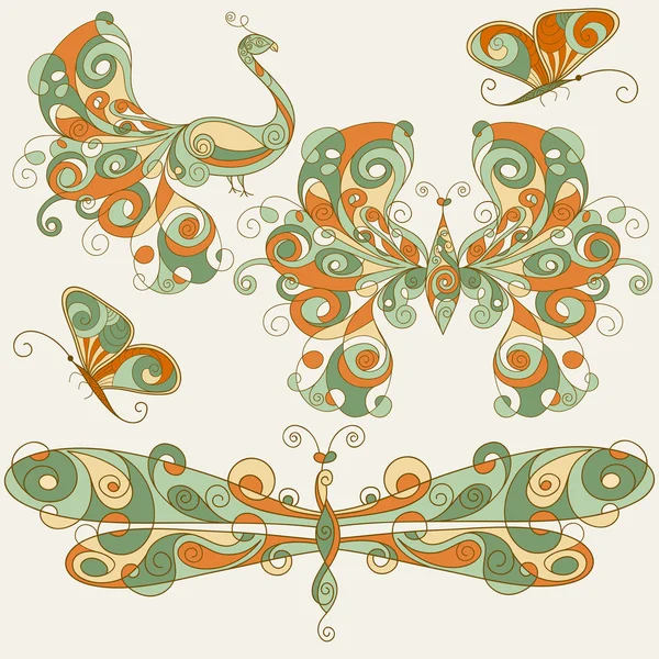 Libélula estilizada por vetor, borboletas e pavão — Vetor de Stock