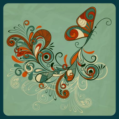 vector concept butterfly and abstract branch on crumpled paper t clipart