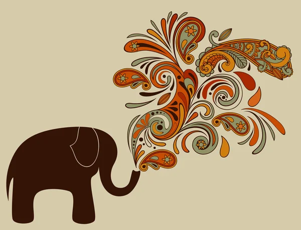 Elefante con patrón floral que viene de su tronco — Vector de stock
