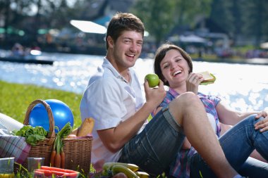 Happy young couple having a picnic outdoor