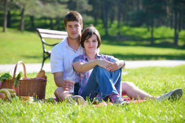 Happy young couple having a picnic outdoor